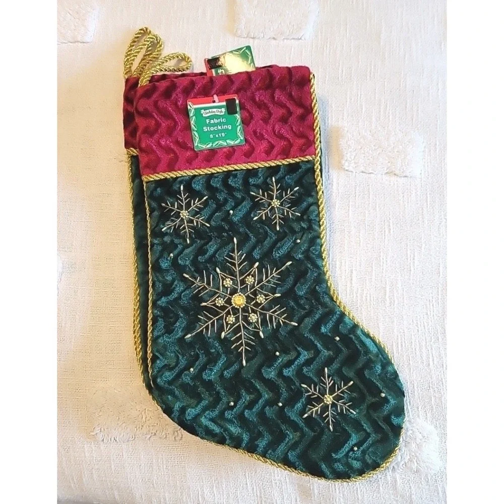 Holiday Style Velvet Christmas Stocking Green Red Gold Snowflake Beaded 8x19 NEW